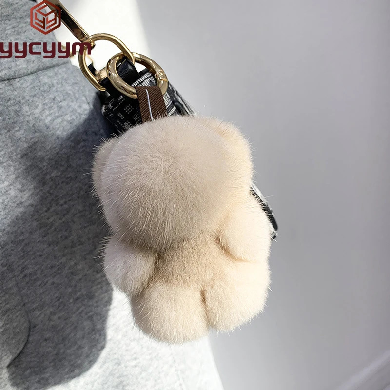Womens bag charm Trinkett car metal keychain rearview mirror decoration cute real mink plush panda pendant childrens toy 240820