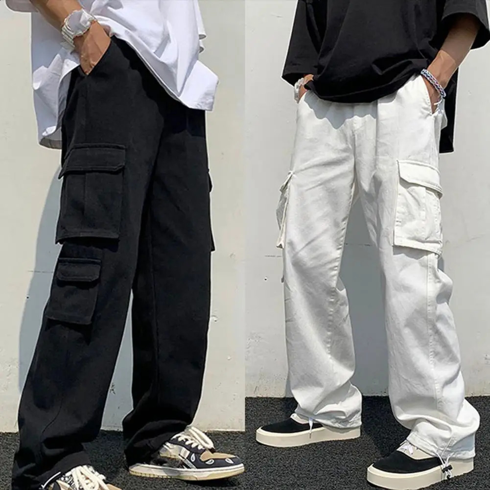 Mens cargo pants straight with multiple pockets solid color brushed elastic waist work and leisure 240821