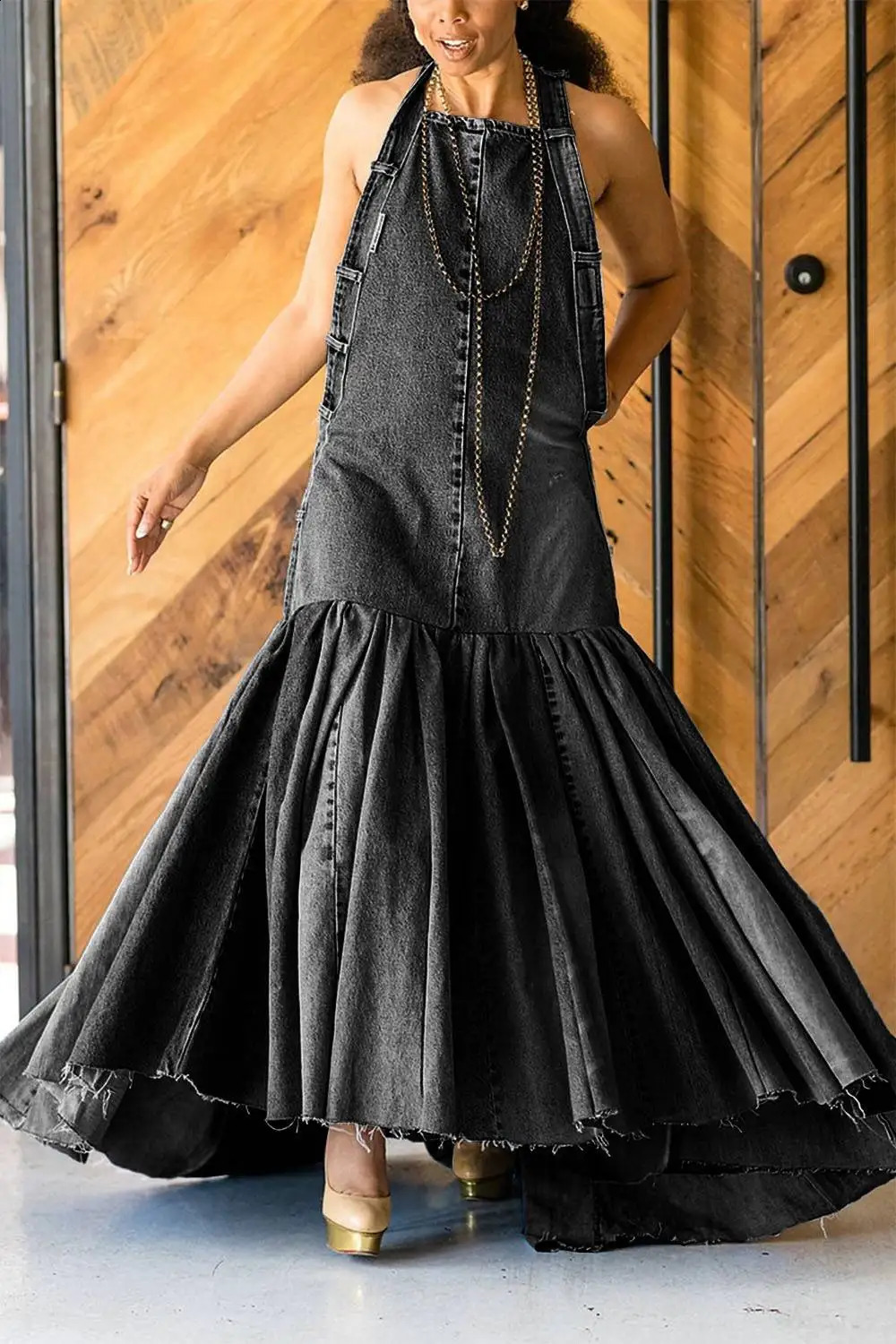 Plus Size Blue Daily Denim Ruffles Halter Maxi Dress 240820