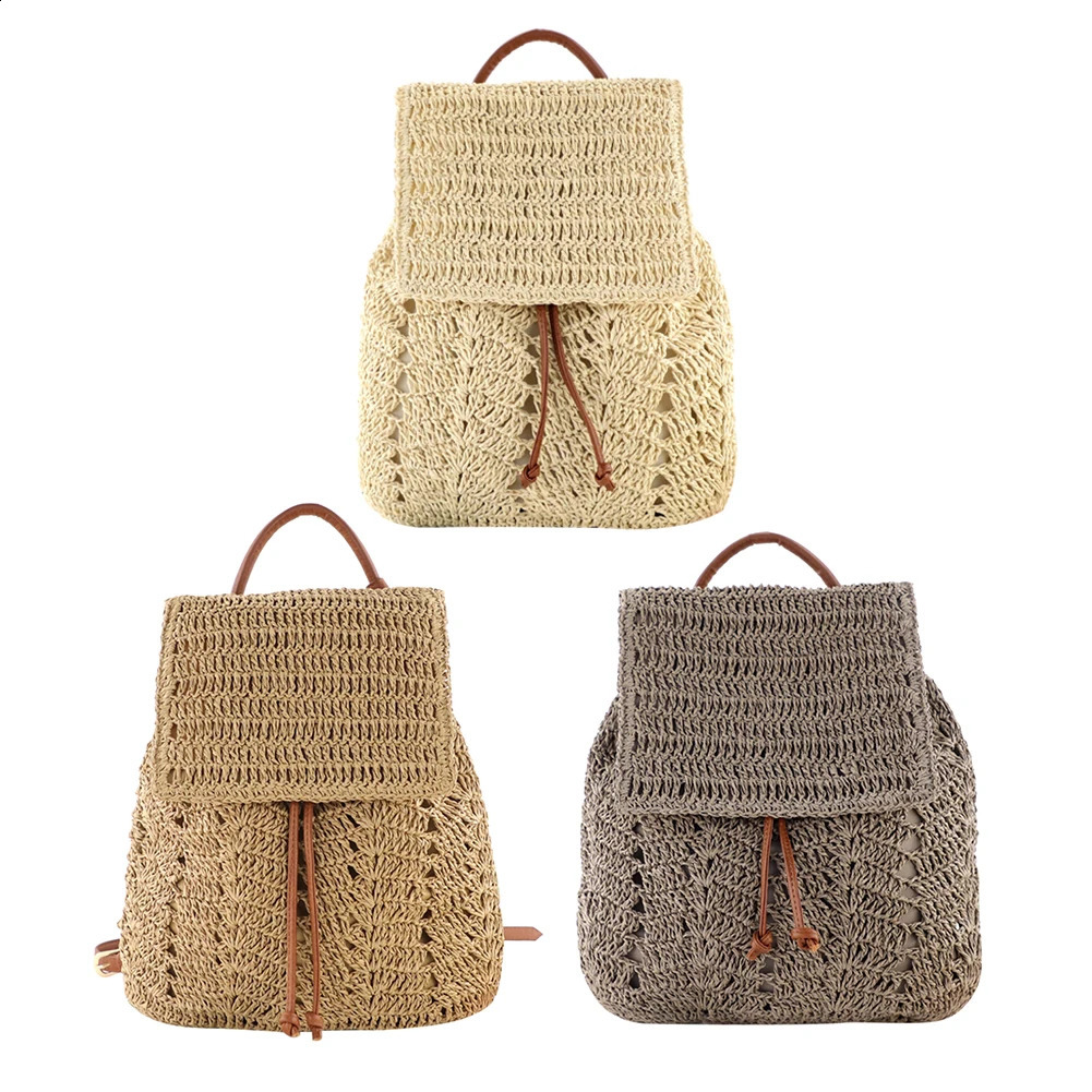 DHXJ Fashion Straw Shoulders Backpack Woven Women Beach Holiday Bucket Purse Bag 240820