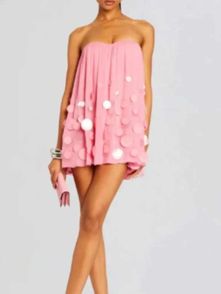 Sexy and shiny sequin decorated shoulder mini dress sleeveless backless Aline loose vest womens vacation evening 240820