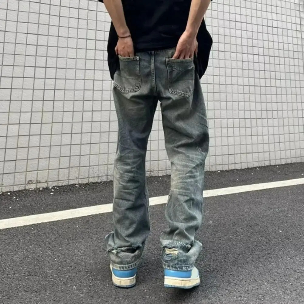 Hip Hop Style Jeans Streetwear Mens Ripped Hole Wide Leg Jeans with Multi Pockets Distressed Details for Casual Hip Hop Style 240821