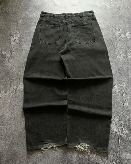 Y2K Korean simple double pocket printed embroidered straight jeans mens hip-hop street Harajuku high-waisted wide-leg pants 240821