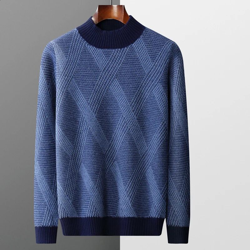 100% pure woolen sweater in autumn and winter mens semi-high collar seat thick sweater loose contrast cashmere knit bottomin 240821