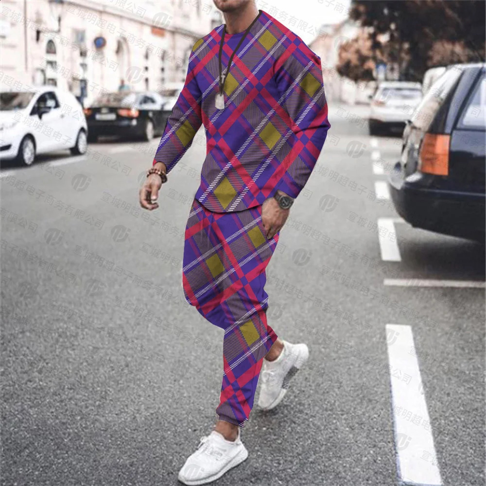 Mens Autumn and Winter Plaid 3D Printing Fashion Retro Sports Long Sleeve Fitness Pants Casual Jogging Suit Plus Size 240821