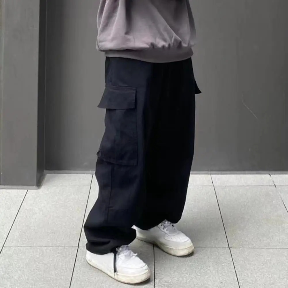 Hip Hop Men Work Trousers Solid Color Pants Retro Style Mens Cargo Pants With Elastic Waist Wide Leg Multi Pockets For Four Sea 240821