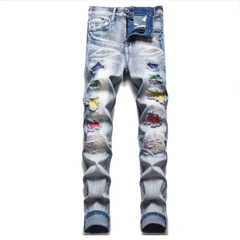 Embroidered Floral Tiger Bird Print n Mens Ripped Jeans Slim Fit Blue Straight Biker Trousers Asian Size 28-40 240821
