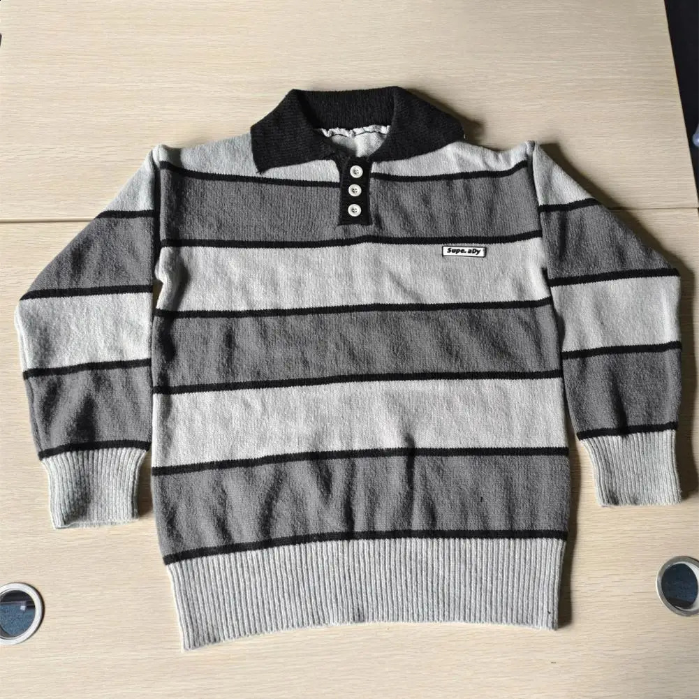 Mens sweater collar n winter warm knit top loose fit striped print lazy style for couples autumn knit pull-out 240829