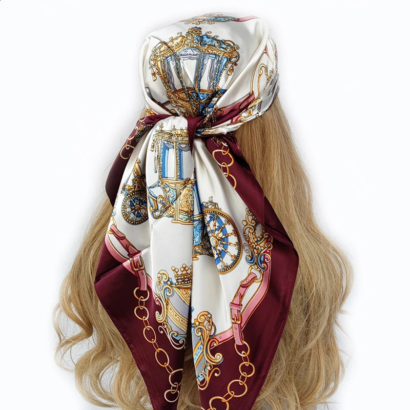 90 90cm Fashion Silk Scarf Headscarf Womens Retro Four Seasons Hair Foulard Bandana 240812