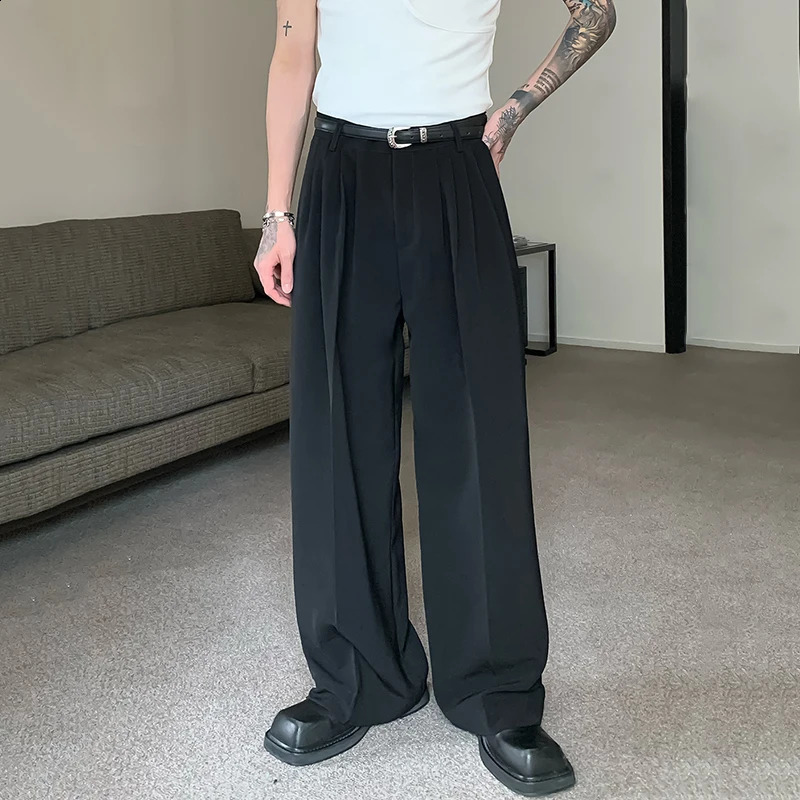 IEFB Korean Style Chic Drape Straight Suit Pants Men Loose Simple Solid Color Wide Leg Casual Floor Mop Trousers Autumn 9C6900 240820