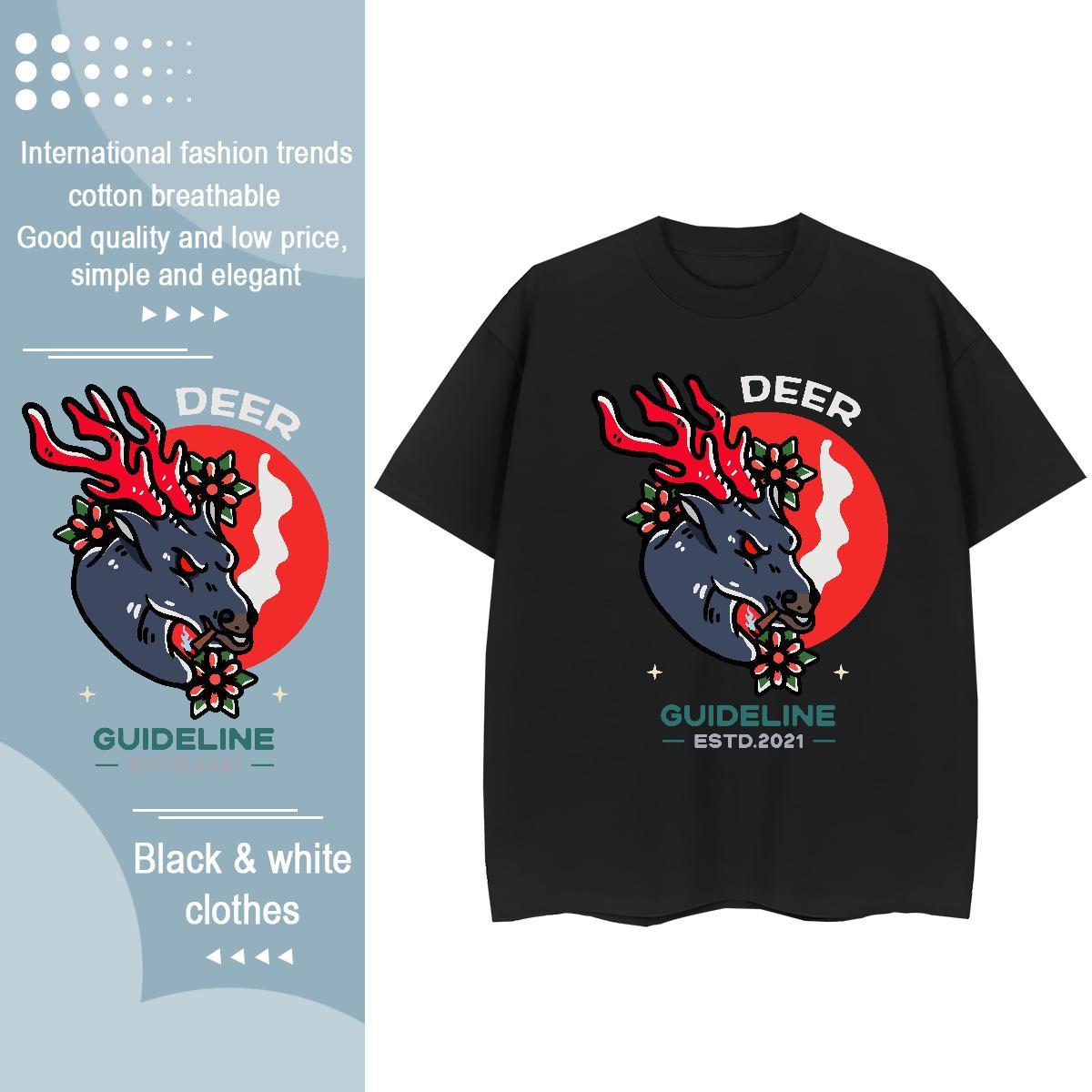 Fashion New T-Shirts for Women Breathable Short Sleeve 230g Cotton Tshirt for Man Woman Cartoon Floral Printing Deer Street Wear Loose Clothes