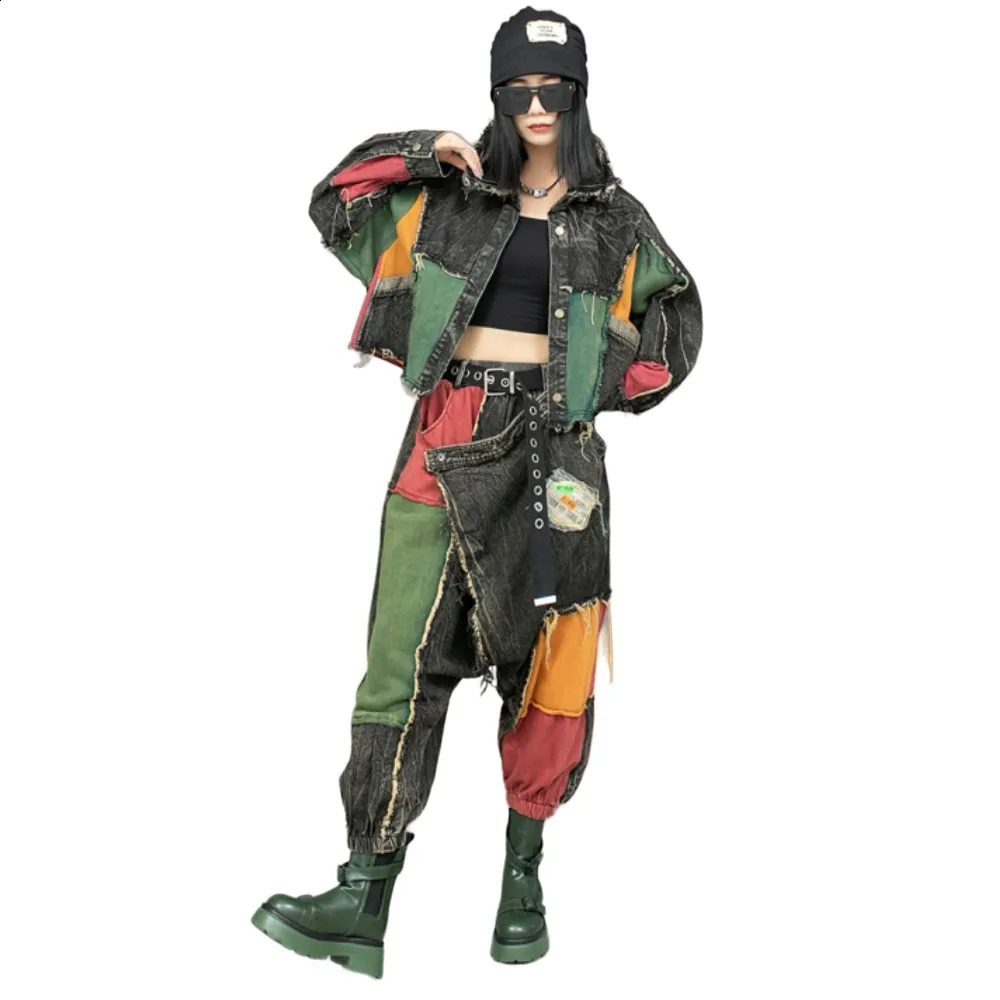 Trendy Cool Patchwork Vintage Denim Suit Women Autumn Loose Fashionable Long Sleeved Jacket Jeans Two Piece Set ZF084 240820