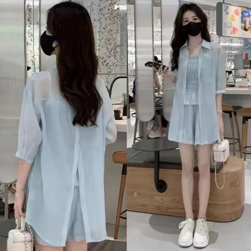 Women Summer Simplicity Office Lady Temperament Solid Color 3/4 Sleeve Shirts Women Clothes Casual All-match Sling Shorts Suit 240820