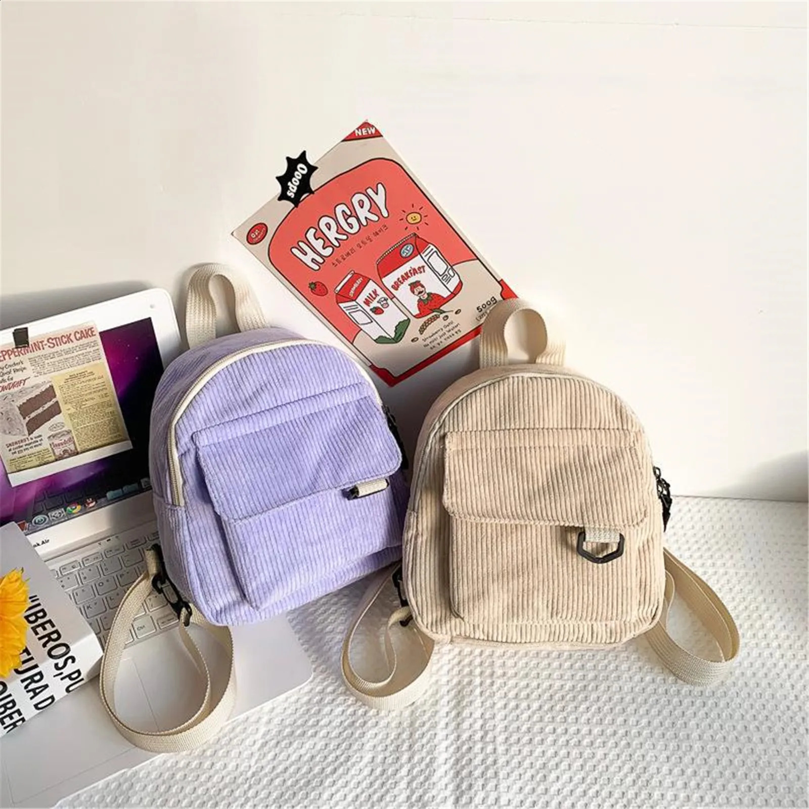 Fashion Womens Mini Backpack Solid Color Corduroy Small Simple Casual Traveling Large Capacity Bookbag Female Schoolbag y240925