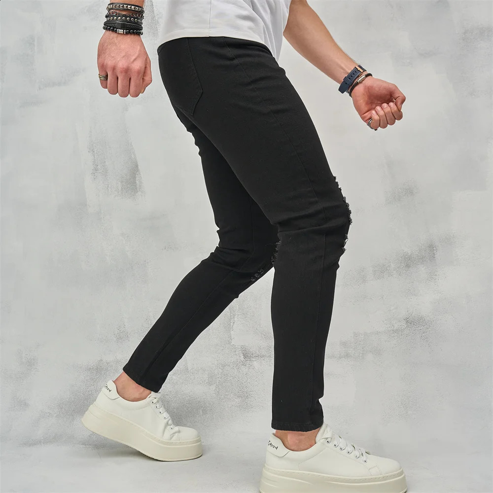 Men High Street Ripped Hip Hop Stylish Skinny Jeans Male Trousers High Quality Holes Casual Cotton Pencil Denim Pants 240821