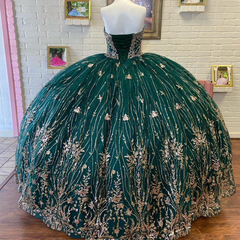 Blackish Green Off The Shoulder Princess Quinceanera Dresses Ball Gown Classic Sequin Beads Crystal Tul Sweet 16 Dress Vestidos De 15 Anos