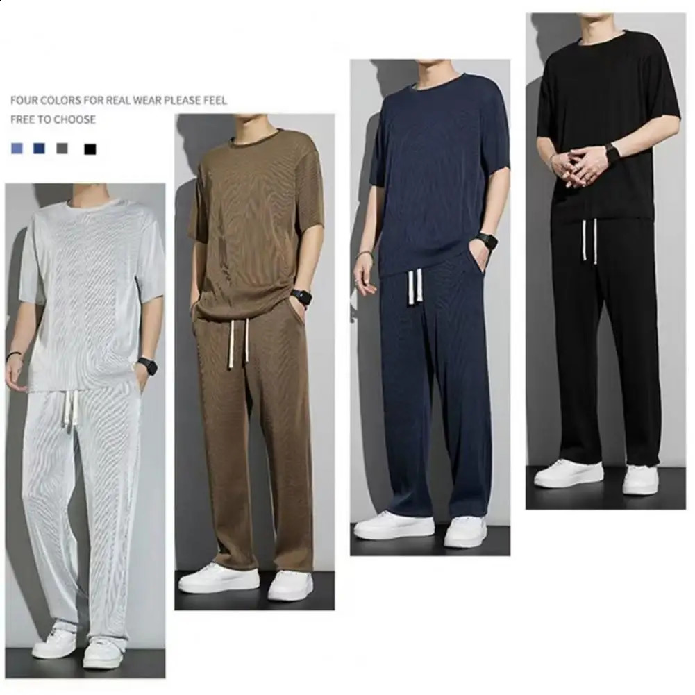 Men Sports Suit Mens Summer Casual Outfit O-neck Short Sleeve T-shirt Wide Leg Long Pants Set Elastic Drawstring Waist Solid 240821