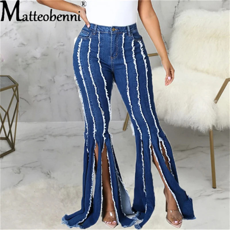 Women Flare High Waist Fringe Hole Denim Skinny Pants Ladies Stretch Female Wide Leg Jeans Bell Bottoms Clothes Z260313