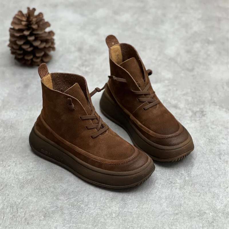Platform Frosted Cow Vintage Women Leather Women's Shoes Thick Bottom Brown Ankle Boots Plush Warm Snow Boots