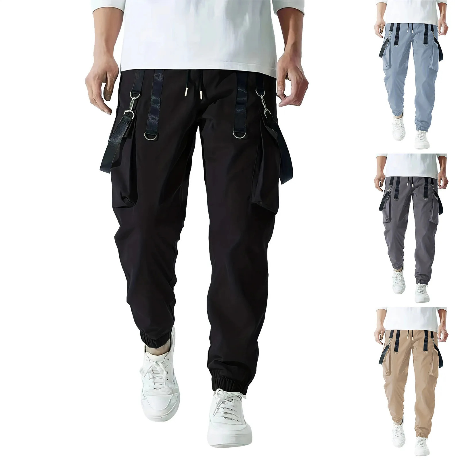 Mens Casual Stretch Pants 2024 Slim Fit Elastic Solid Color Fitness Trousers Multiple Pockets Y2k Street Pant Pantalones Hombre 240821