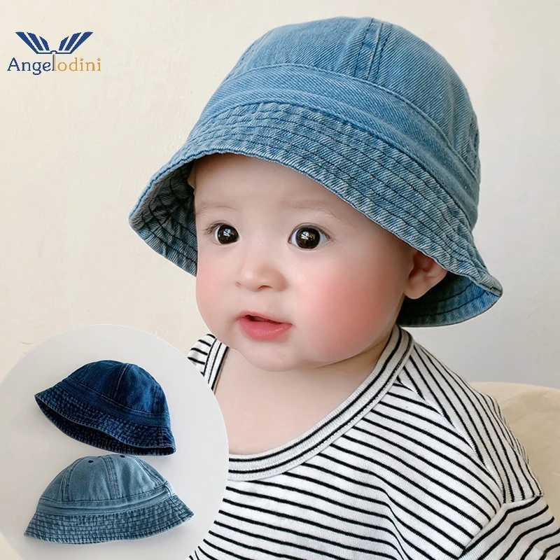 Folding Baby Denim Bucket Hat Retro Childrens Sunscreen Hat Summer Fishermans Hat Windproof Belt Boys and Girls Sunset Hat W240820