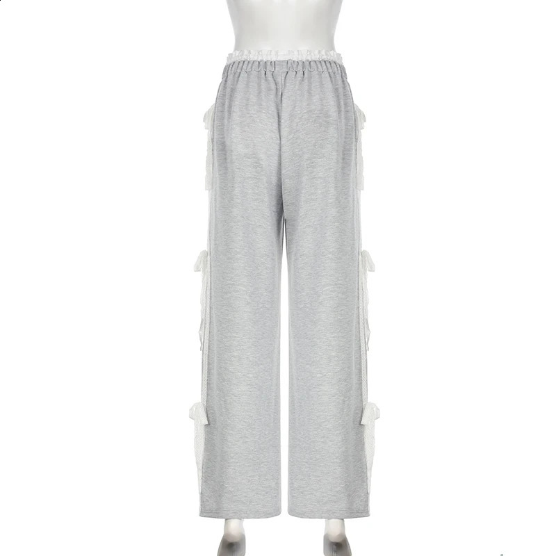 Darlingaga Casual Korean Fashion Autumn Sweatpants Women Lace Spliced TieUp Bow Straight Sweet Trousers Pants Prepyy Style 240821