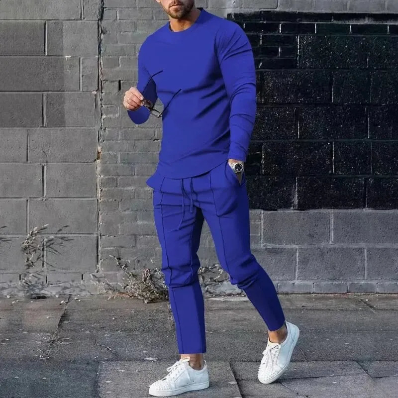 Solid color mens long sleeved T-shirt long pants 2-piece set casual mens street clothing oversized clothing sportswear 240827