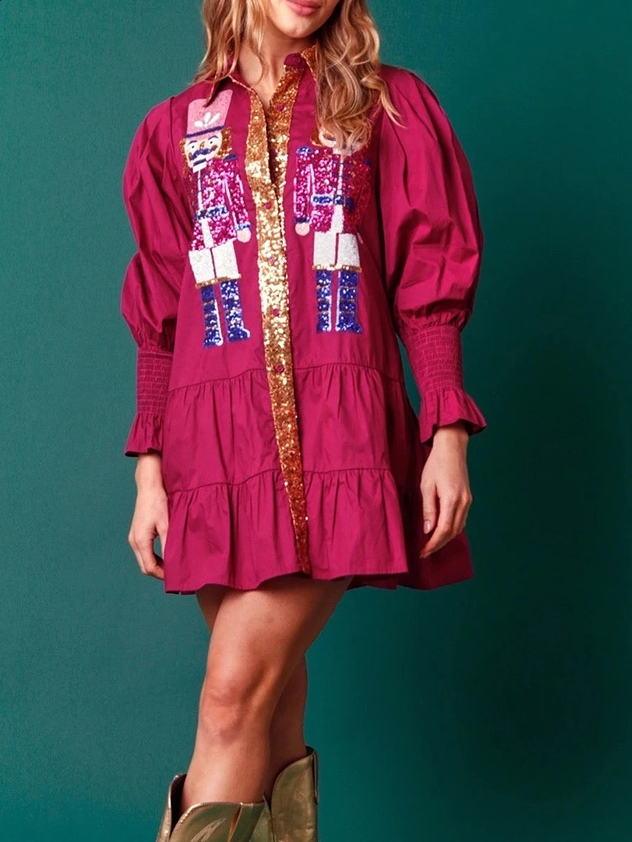 Women Sequin Christmas Nutcracker Shirt Dress Holiday Party Santa Sweatshirt Dresses Long Sleeve Tiered Mini Sundress for Prom 240821
