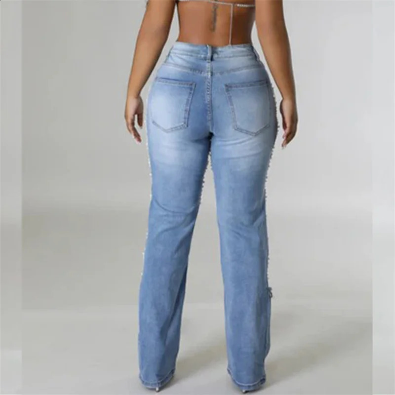 Fashion Beaded Chain Splice Straight Jeans Women Large Broken Holes Hollow Out Denim Pants Female Trousers Trend Streetwear 240821