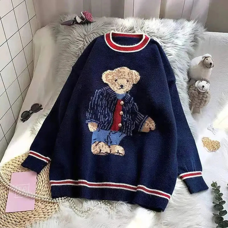 Harajuku Cartoon Bear Embroidery Knitted Pullover Autumn Winter Women Oversize Sweater Casual Thick Warm Sweet Kawaii Jumpers 240820