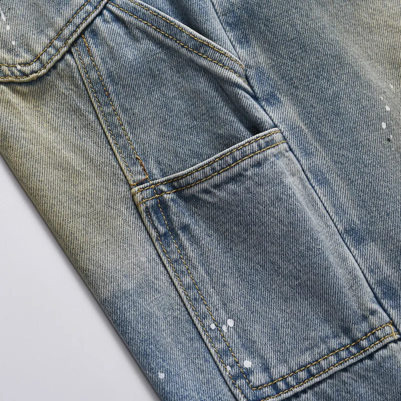 IEFB Vintage Men Jeans Pant Harajuku Straight Ink Painted Baggy Denim Trousers Personality Front Zipper Distressed Washed 9C1120 240821