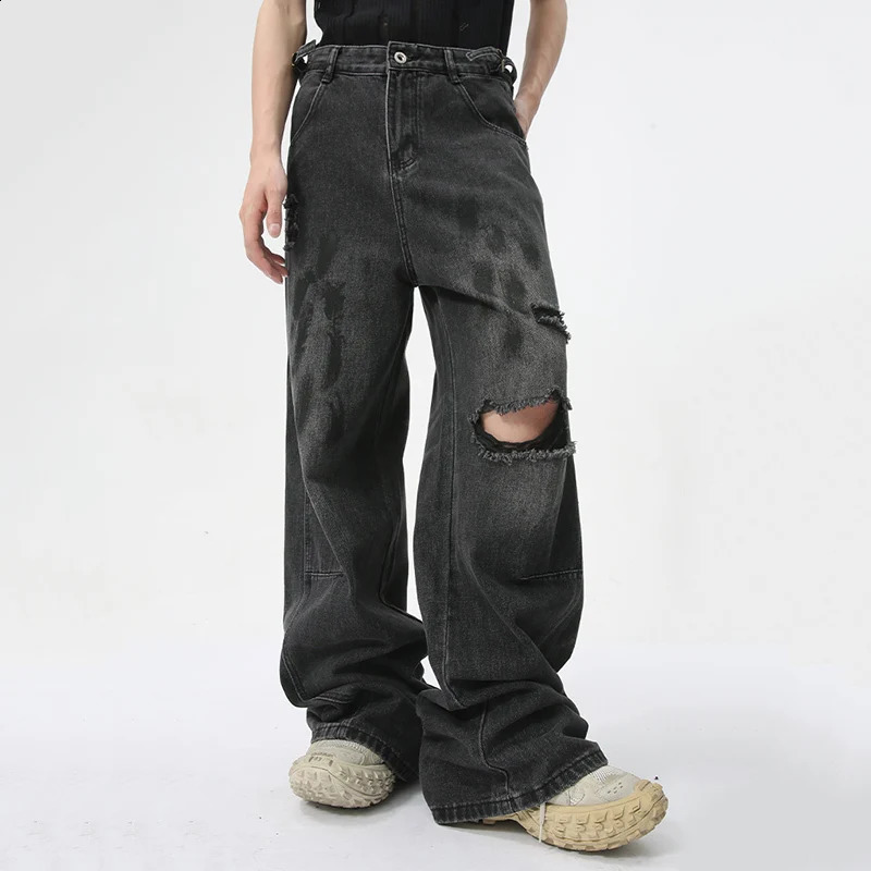 IEFB Summer Mens Denim Pants Streetwear Distressed Dirty Printed Straight Leg Jeans Trendy Male Hole n Trousers 9C5973 240821