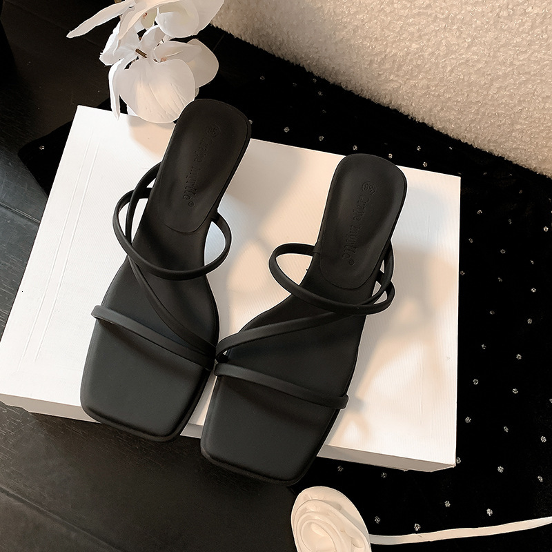 Ddmysports Su Yinyin S Same Seoul Sister Summer Style Square Ead Transparent One Word With Open Toe Middle Eel Cool Drag Women Genuine Leather OUTDOOR