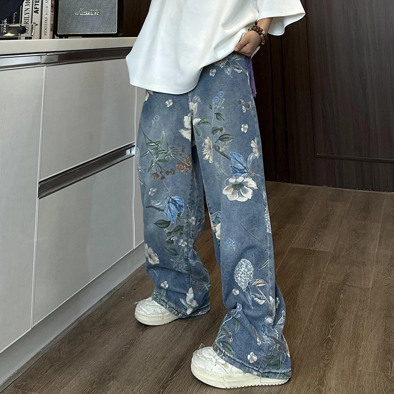 FEWQ Pants Autumn Printed Straight Leg Jeans Flower n Korea Fashion Contrast Color Male Trousers Casual 24E1673 240821