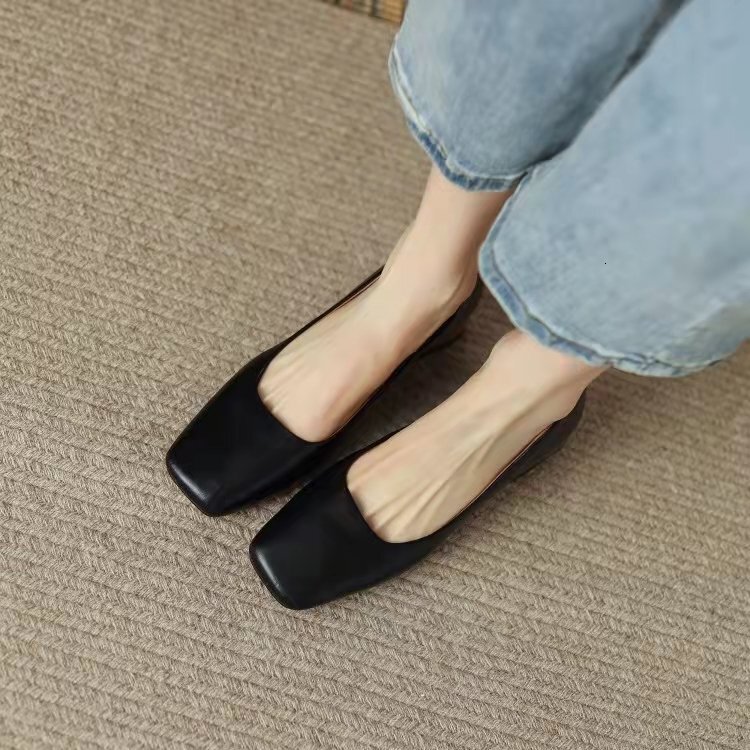 Ddmysports Autumn New Solid Color Shallow Mouth Square Ead Small Leather Women S Middle Eel Children Coarse Follow Shoes Grandma OUTDOOR