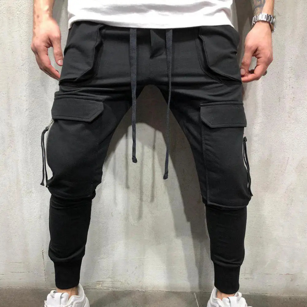 Multi Pockets Elastic Waist Training Trousers Ribbed Ankle Solid Color Drawstring Men Cargo Pants Workwear 240821