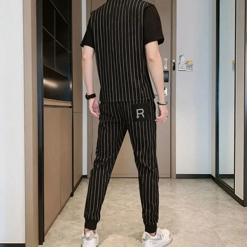 Top Jogging T Shirt Man Jogger Mens Clothing White Pants Sets Striped Tracksuit Smooth Sports Suits Short Quarter Sleeve Casual 240821