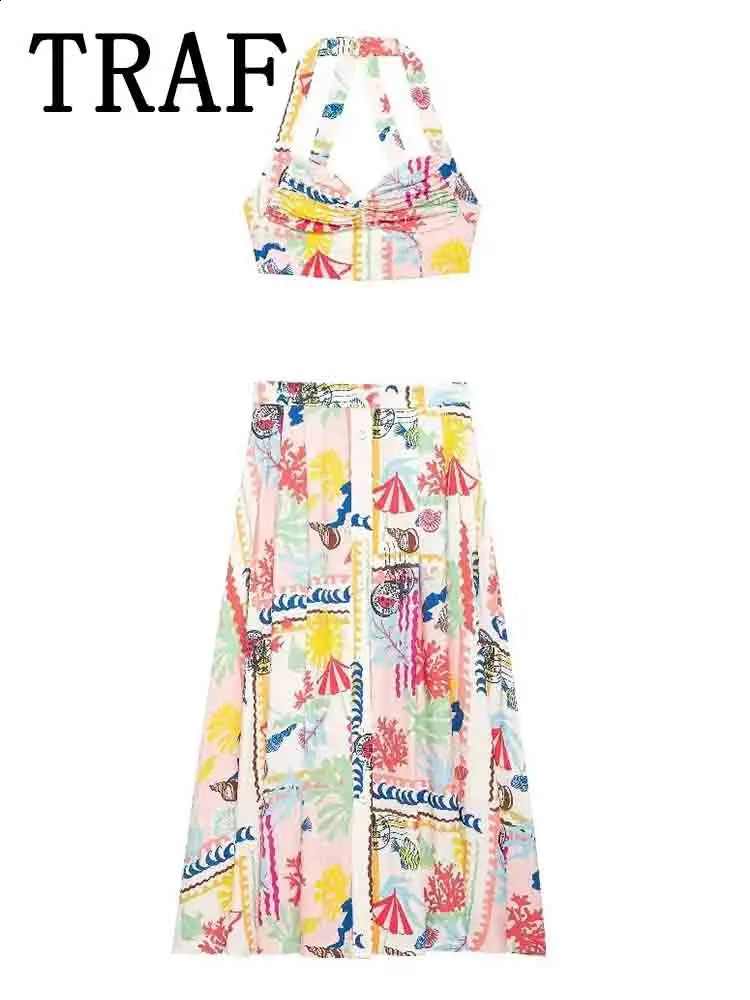TRAF decal print Midi womens 2piece set crop top twopiece clothing 240821