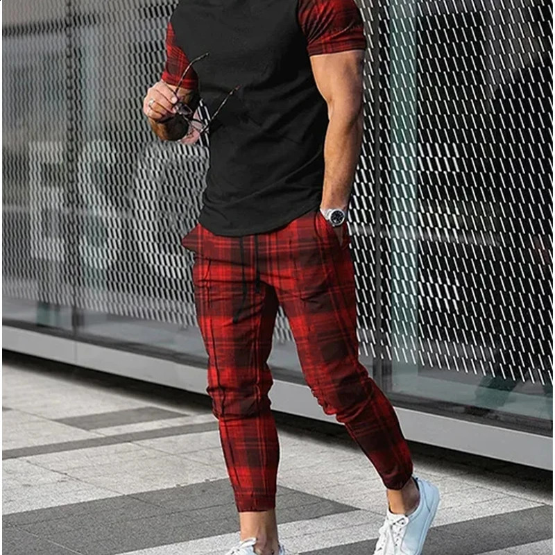 Summer Mens Plaid Striped Printed Casual Fashion Sports Short Sleeve Long Pants Suit 240821