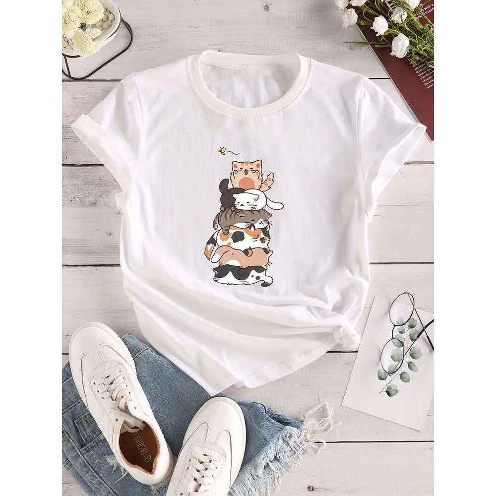 Print Cat Crew Neck T-Shirt, Casual Short Sleeve T-Shirt For Spring & Summer, Women's Clothing