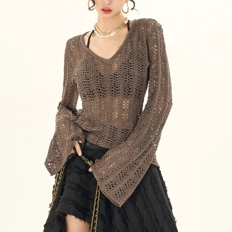 autumn Vneck knitted top Mujer Fashion All match ultrathin fit sweater Y2k EGirl flash sleeve puller 240821