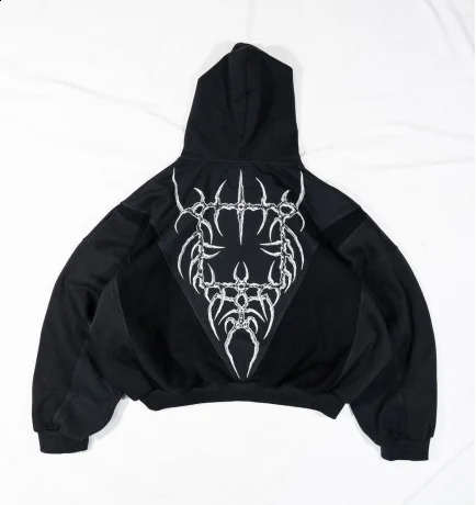 Harajuku Gothic pattern stitching printed hooded hoodie for women y2k retro versatile long-sleeved loose couple personalized top 240821