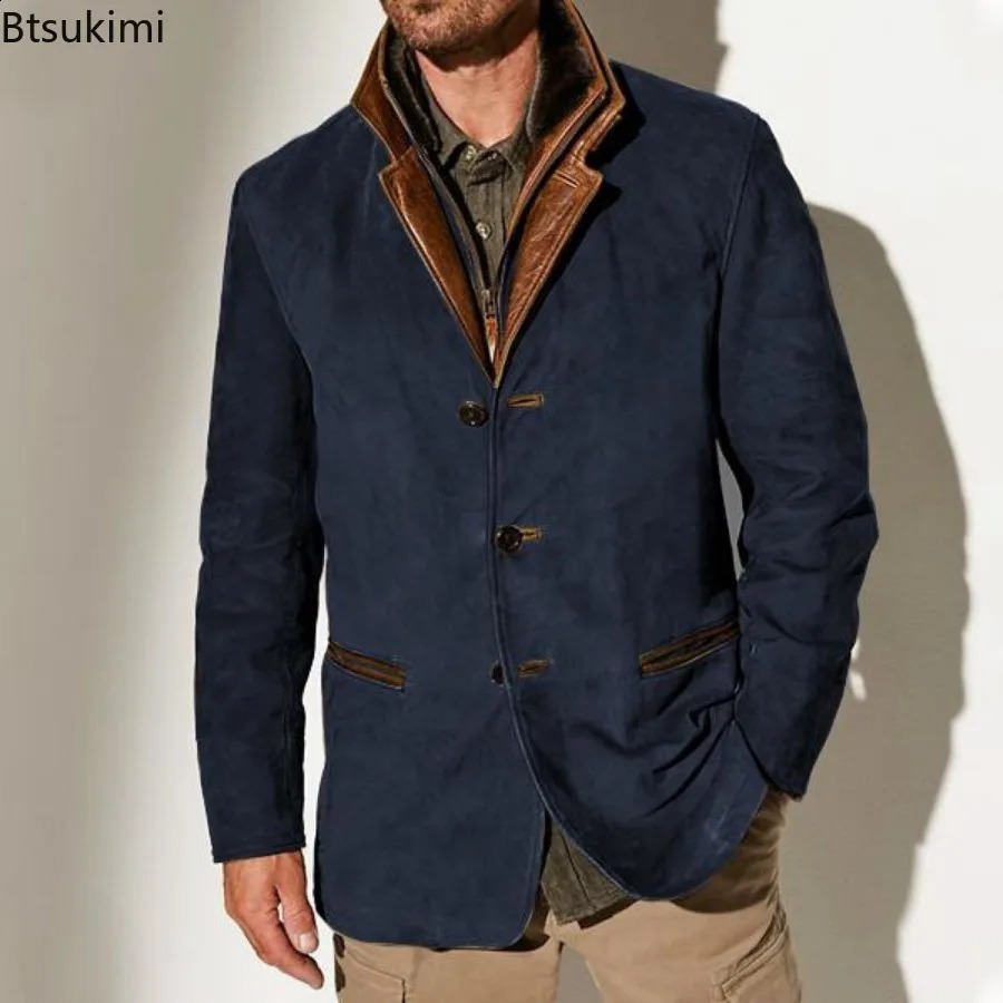 Vintage Men Blazer Jacket 2024 Fall Winter Male Casual Classic Buttonup Coat Fashion Slim England Style Lapel Outerwear 24