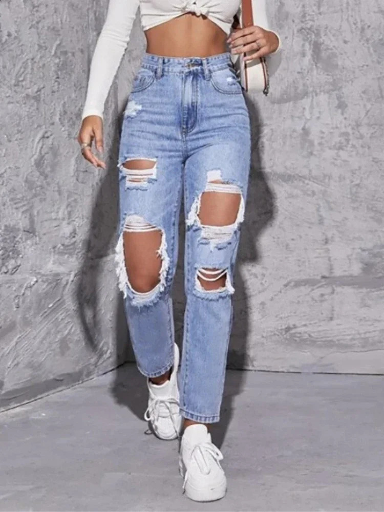Hole High Waist Mom Jeans Flare Pants Denim Autumn Casual Long Streetwear Slim Fit Trousers Capris Baggy Jeans Women 240821