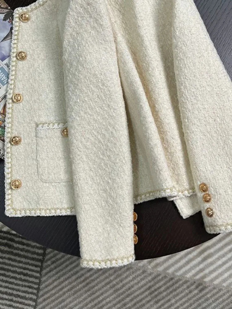 Lanjia- Jmprs Chic White Tweed Jackets Women Korean Long Sleeve Sweet Coat Fashion O Neck Elegant Casual Female All Match Outwear Tops 240821 0603E