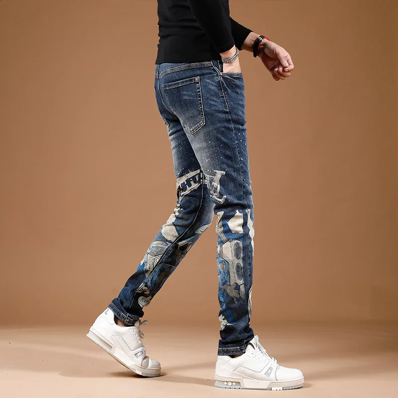 fashion printed personalized jeans for mens street slim fit elastic feet high end trendy denim pants 240821
