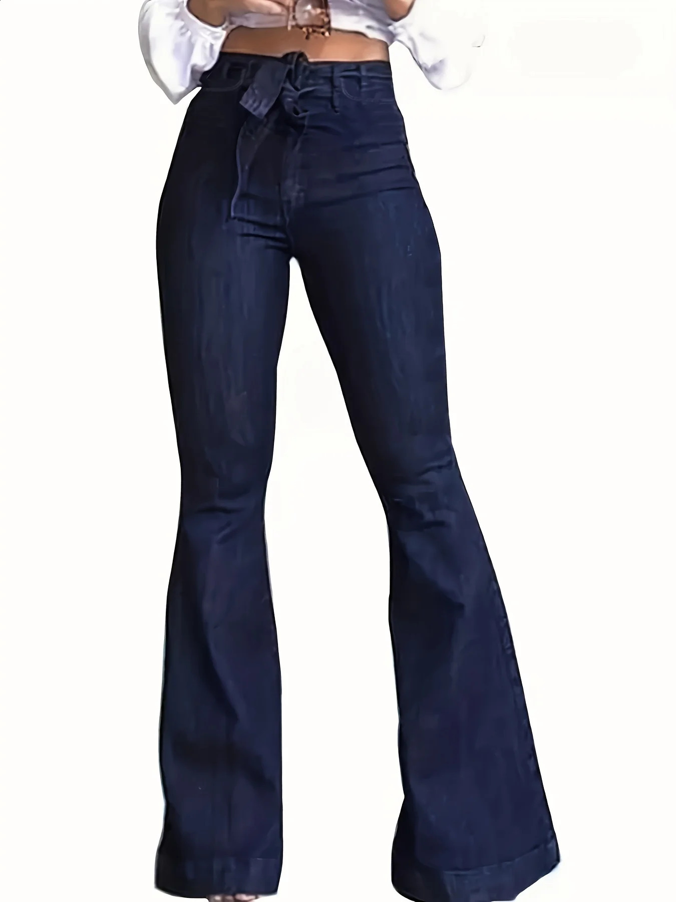 Navy Blue Flared Jeans Autumn High Stretch with Belt Bell Bottom Wide Leg Womens Denim and Clothing 240821wtt