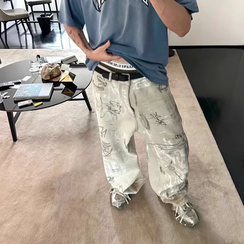 Hand-painted Graffiti Washed Baggy Jeans for Men and Women Y2k Streetwear Pantalones Hombre Casual Denim Trousers Oversized 240821