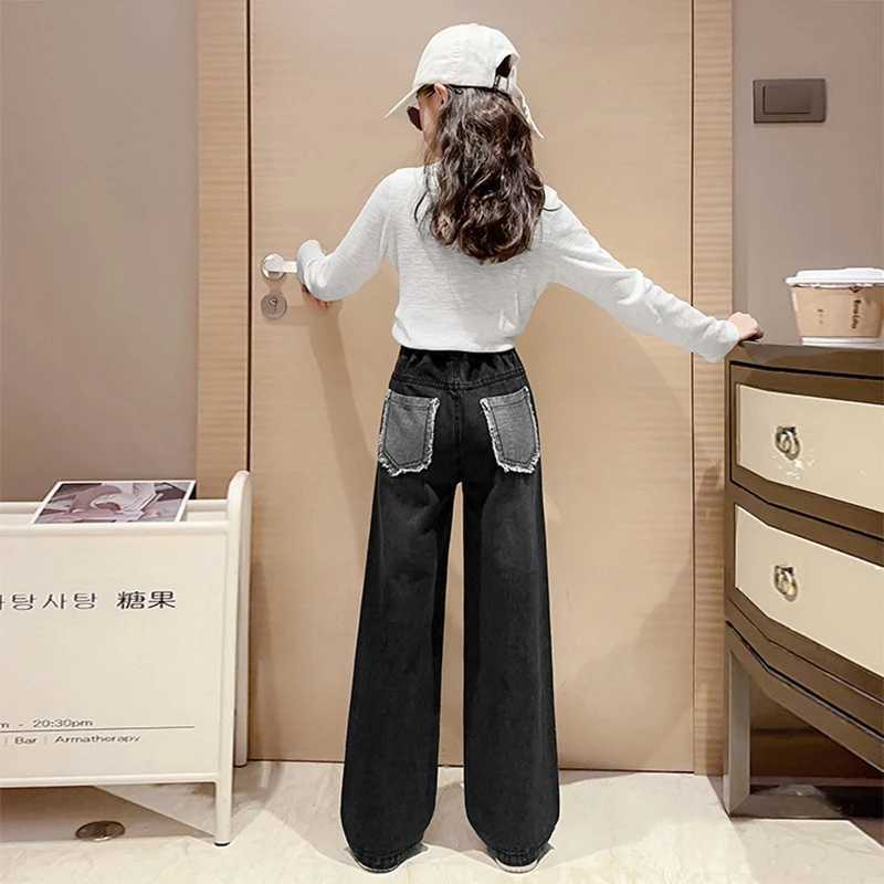 New Fashion Teen Girls Cowboy Wide Leg Pants Children Trousers Spring and Autumn Love Pattern Girls Jeans 5-14 Year Old Childrens ClothingW240819