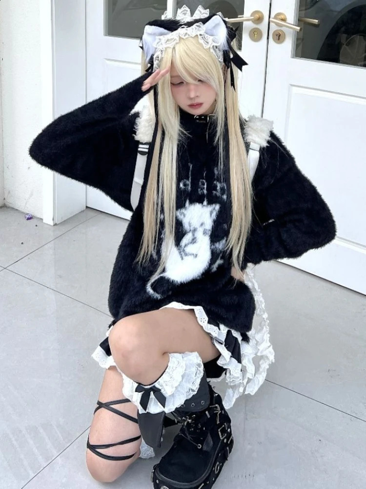 Gothic cartoon jacquard Kawaii sweater Y2K aesthetic loose knit pullout Harajuku Grunge casual fairy jumping womens top 240821